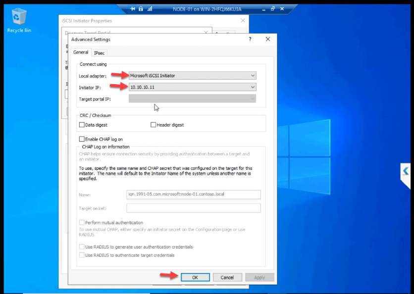 Advanced Settings on NODE-01 with Initiator IP set to 10.10.10.11 (Storage NIC)