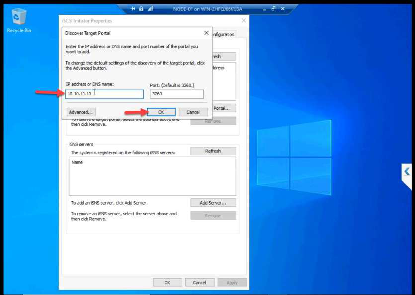 Discover Target Portal entering target IP 10.10.10.10