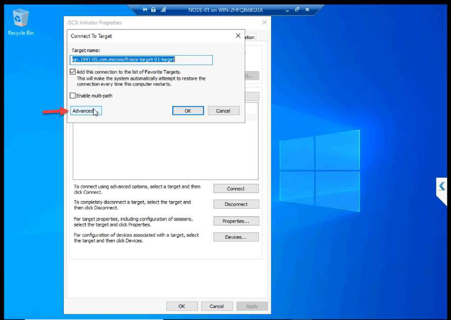 Connect To Target dialog with Advanced button highlighted for CHAP setup