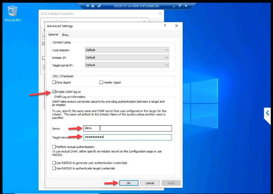 Advanced Settings dialog with Enable CHAP log on ticked, name and secret entered from Part 7