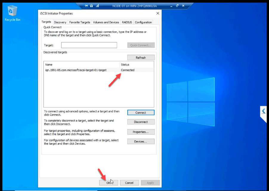 Connect To Target dialog OK after CHAP applied