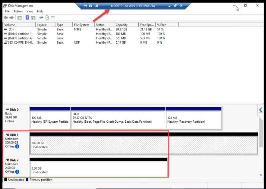 Disk Management on NODE-01 showing both new disks (300 GB and 2 GB) attached as Offline
