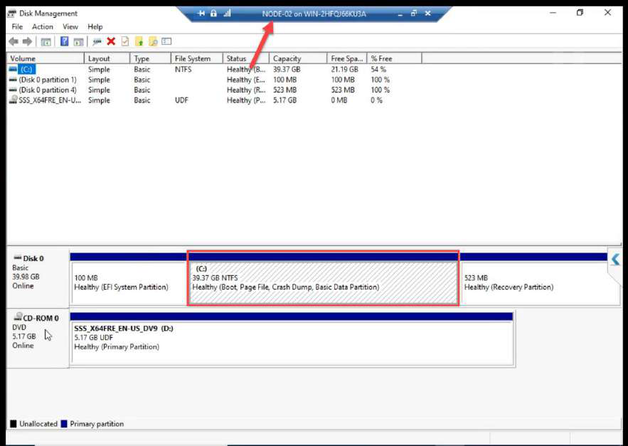 NODE-02 Disk Management showing only OS disk before iSCSI connection