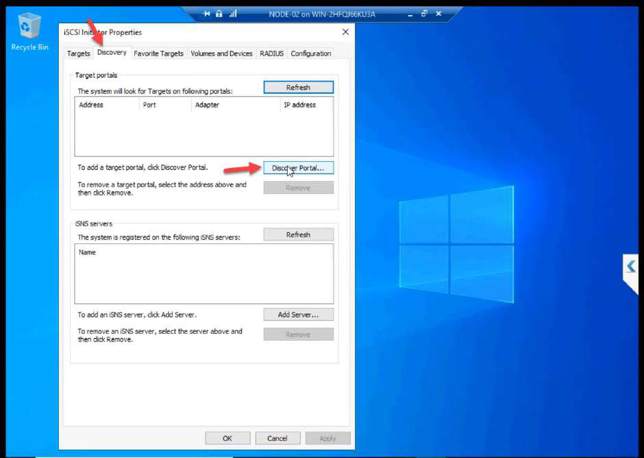 NODE-02 iSCSI Initiator Discovery tab