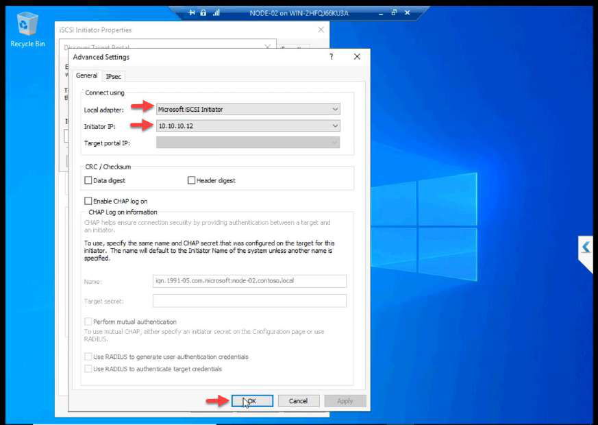 Advanced Settings on NODE-02 with Initiator IP 10.10.10.12