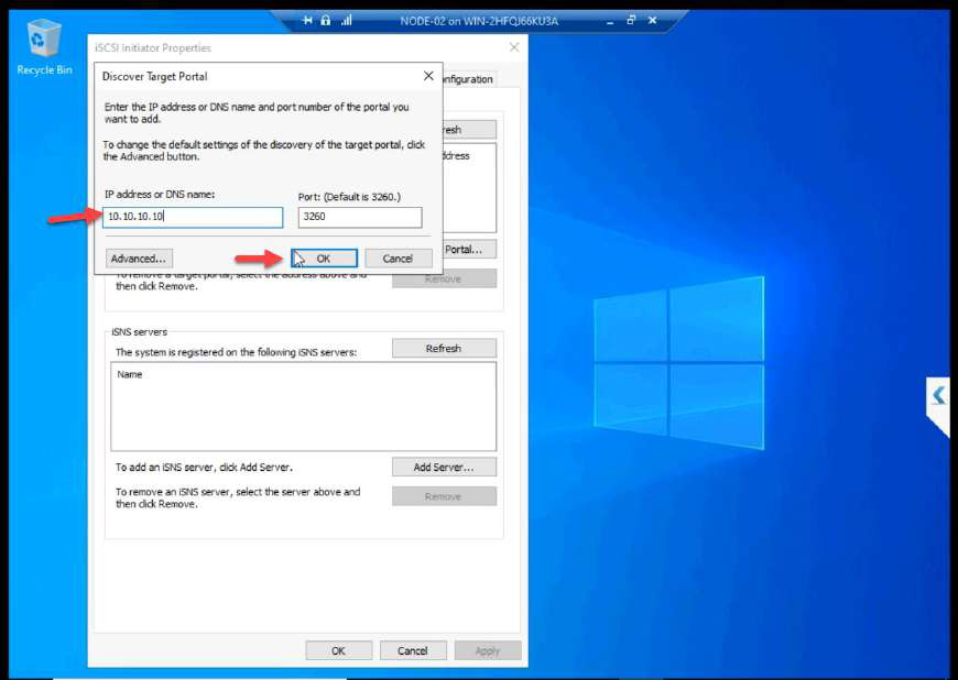 Discover Target Portal entering target IP 10.10.10.10 from NODE-02