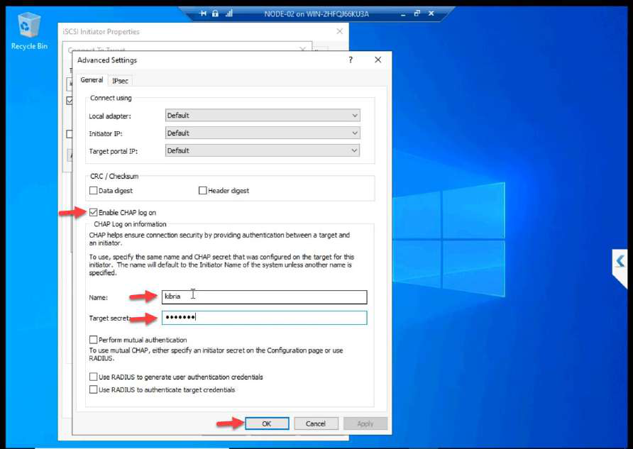 Advanced Settings on NODE-02 with CHAP enabled and matching secret