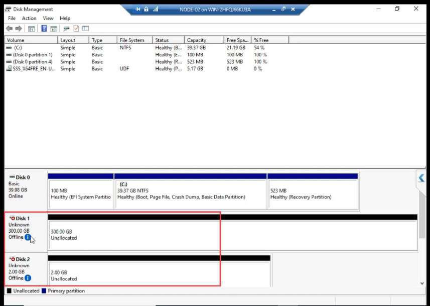 Disk Management on NODE-02 showing both disks Offline (correct state)