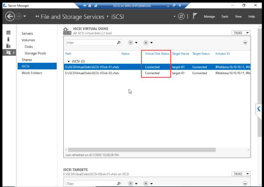 iSCSI VM after refresh showing target status Connected with both initiator sessions visible