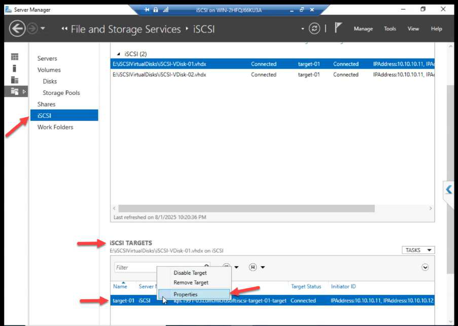iSCSI Target Properties dialog being opened from the SAN side