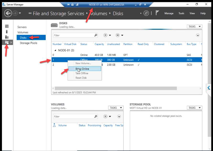 NODE-01 Disk Management with right-click on the 300 GB disk and Bring Online