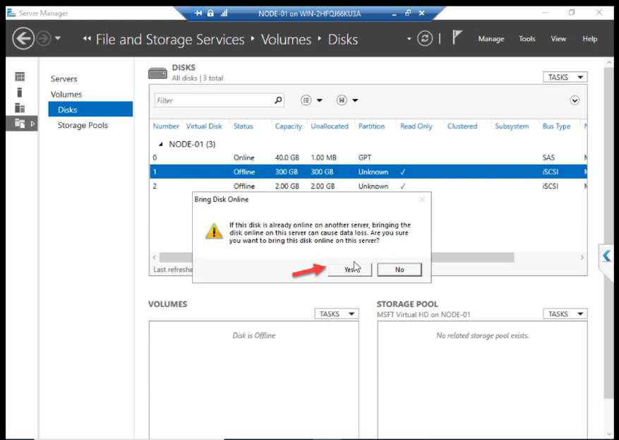 Bring Online confirmation dialog with Yes