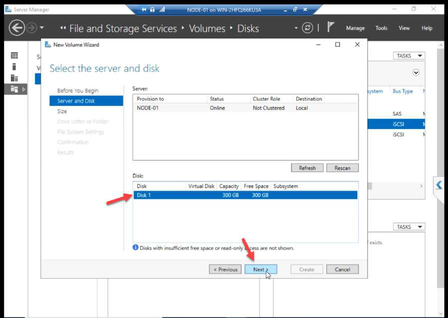 Server selection step with Disk 1 selected