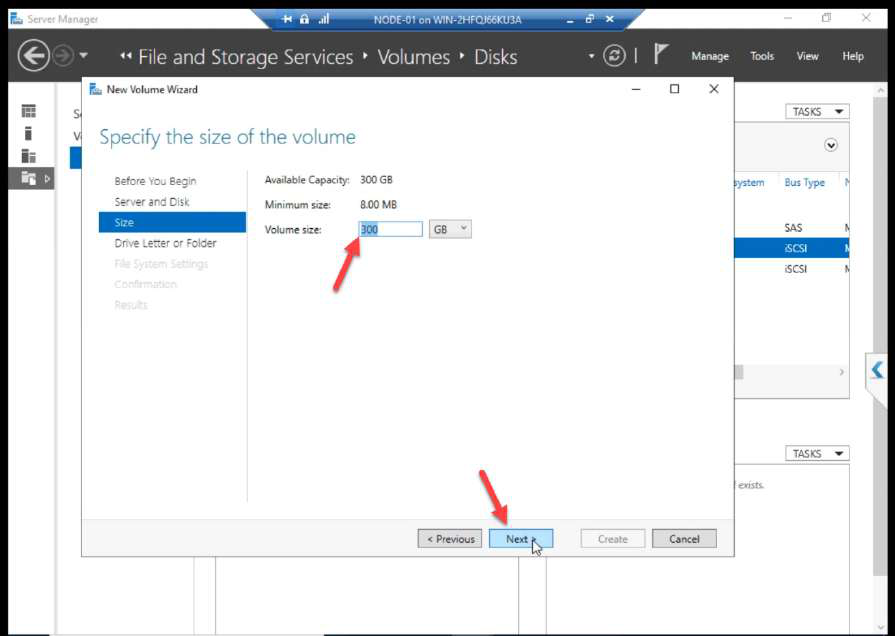 Volume Size step accepting default for the entire disk