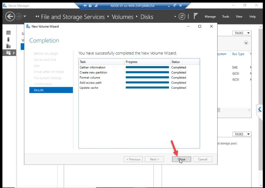 Wizard Close button after volume created
