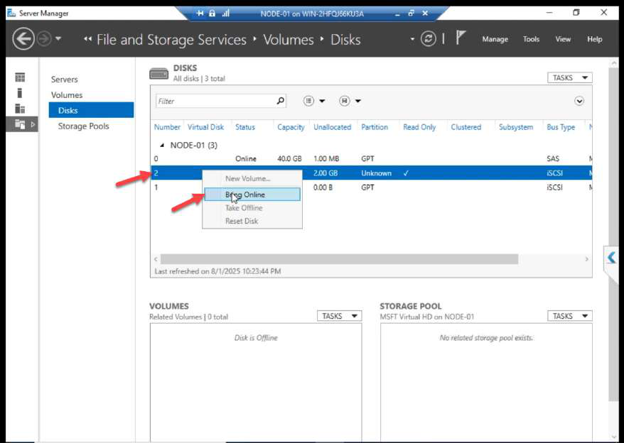 Right-click on Disk 2 (the 2 GB Quorum) with Bring Online