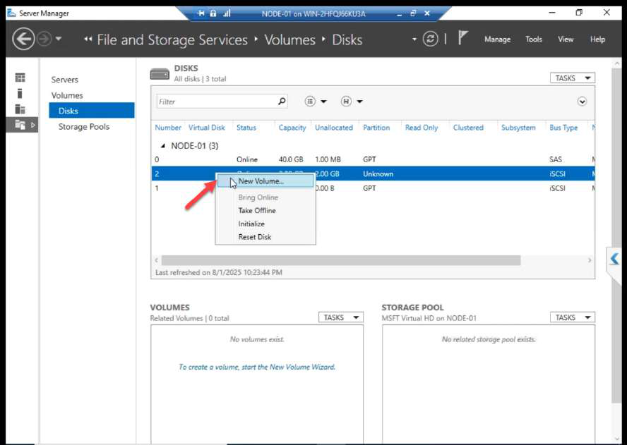 Right-click on Disk 2 with New Volume option