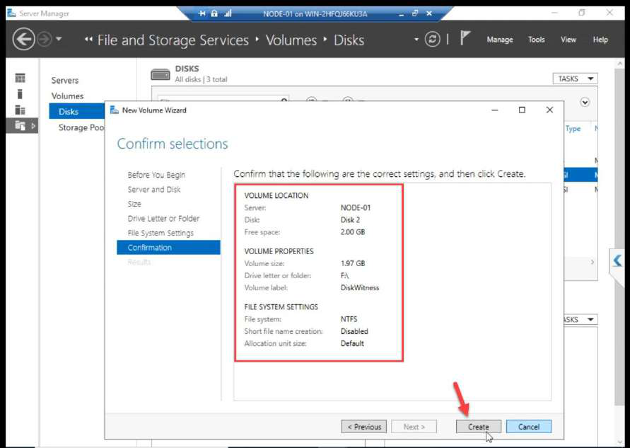 New Volume Wizard for Quorum disk going through the same steps