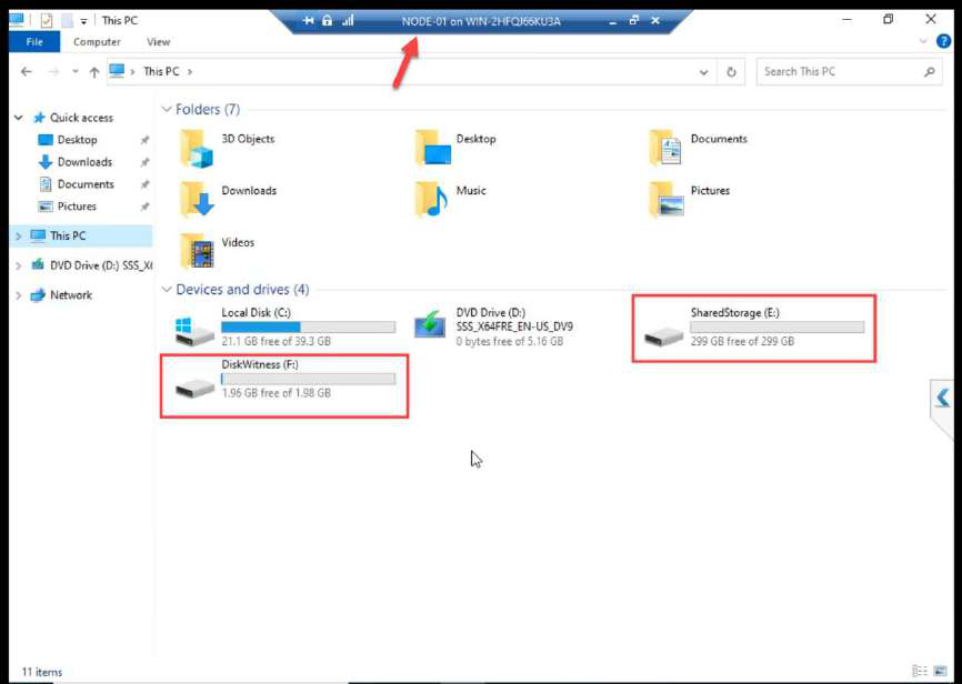 NODE-01 File Explorer showing both new volumes (Data and Quorum) mounted with drive letters