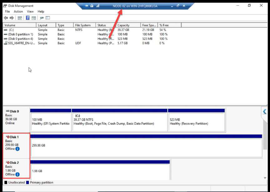 NODE-02 Disk Management still showing both disks Offline as expected because volumes were created from N1
