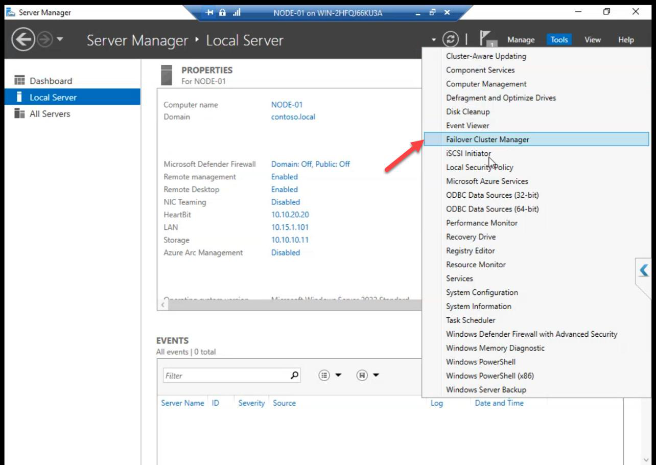 Server Manager Tools menu on NODE-01 showing the new Failover Cluster Manager option