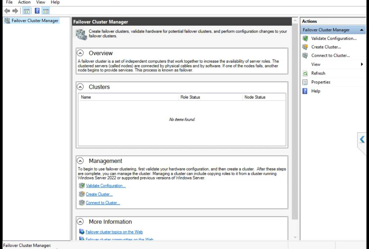 Failover Cluster Manager opened on NODE-01 confirming feature is operational