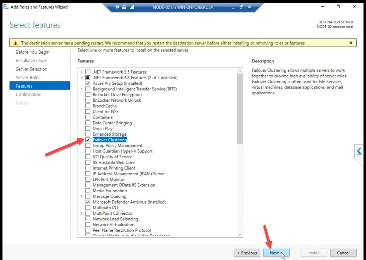 Add Roles and Features Wizard on NODE-02 with Failover Clustering ticked