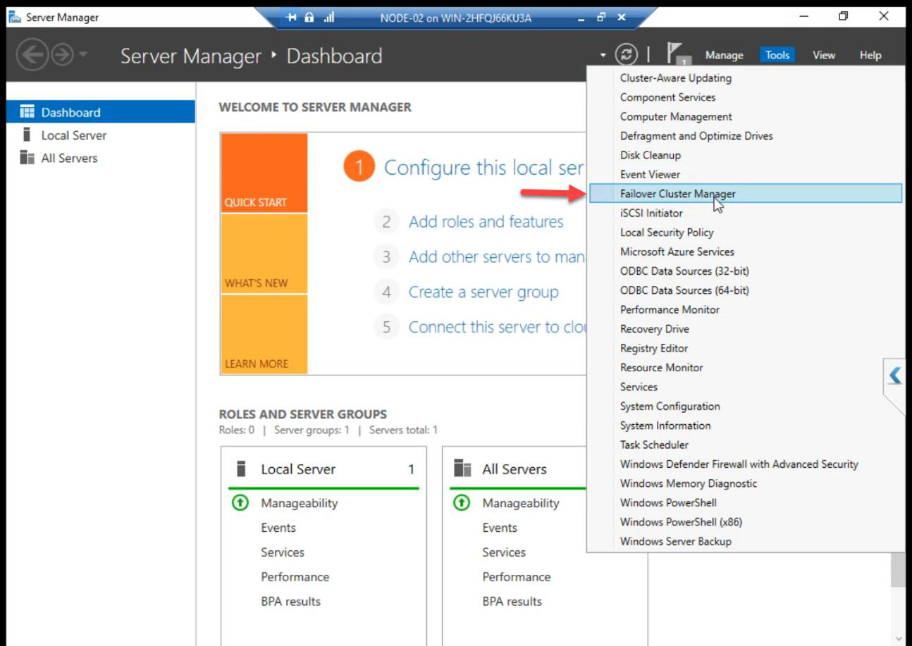 Server Manager Tools menu on NODE-02 showing Failover Cluster Manager