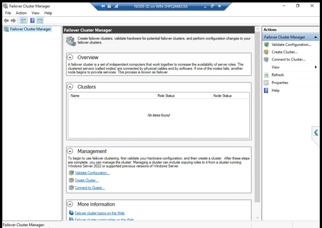 Failover Cluster Manager opened on NODE-02