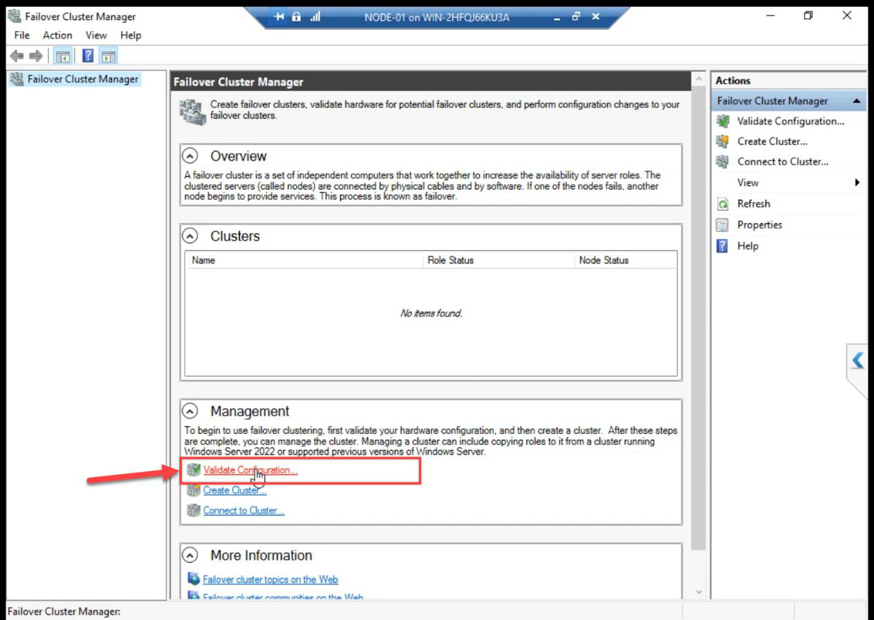 Failover Cluster Manager Action pane with Validate Configuration link highlighted