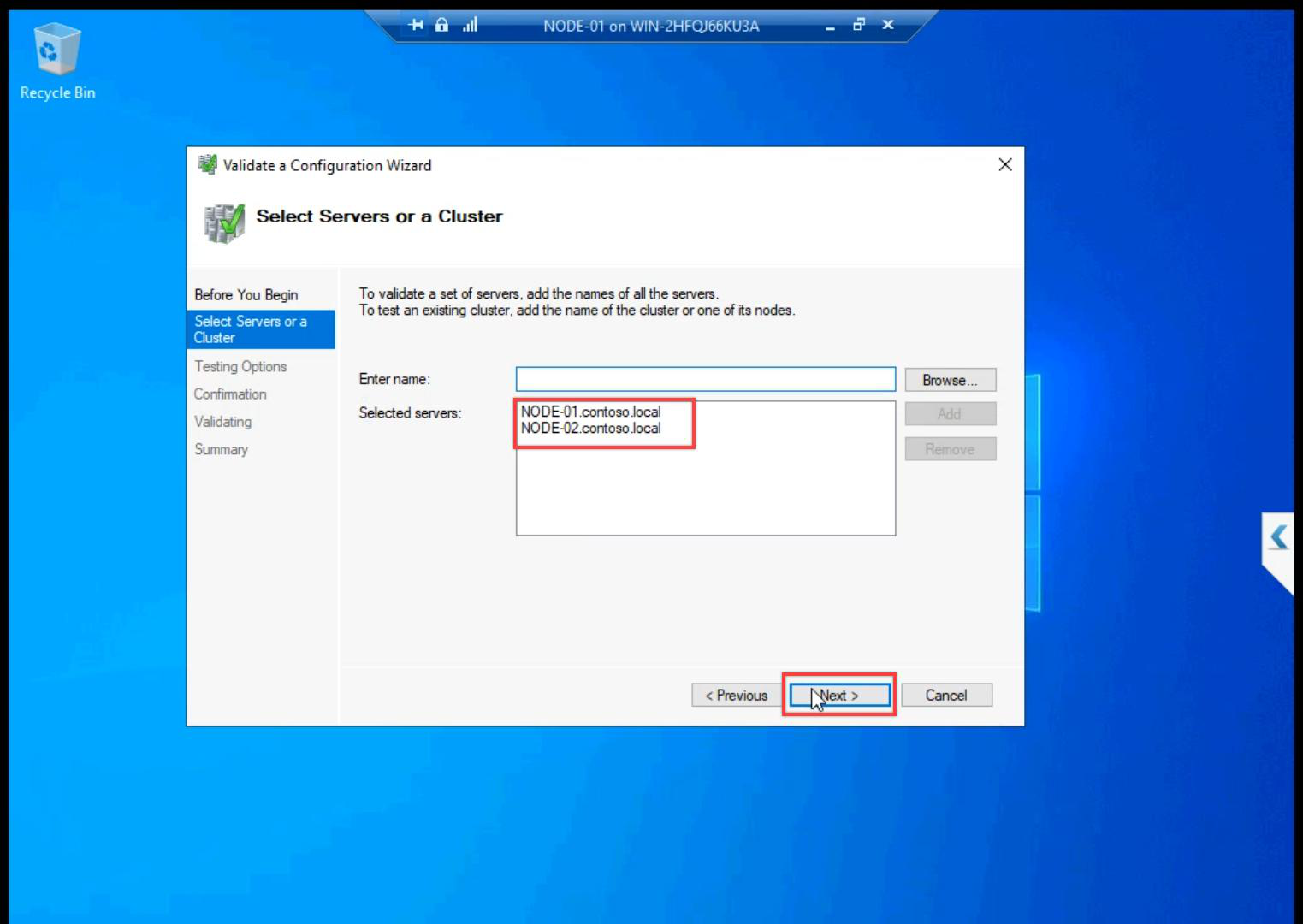 Select Servers step adding NODE-01 and NODE-02 by name