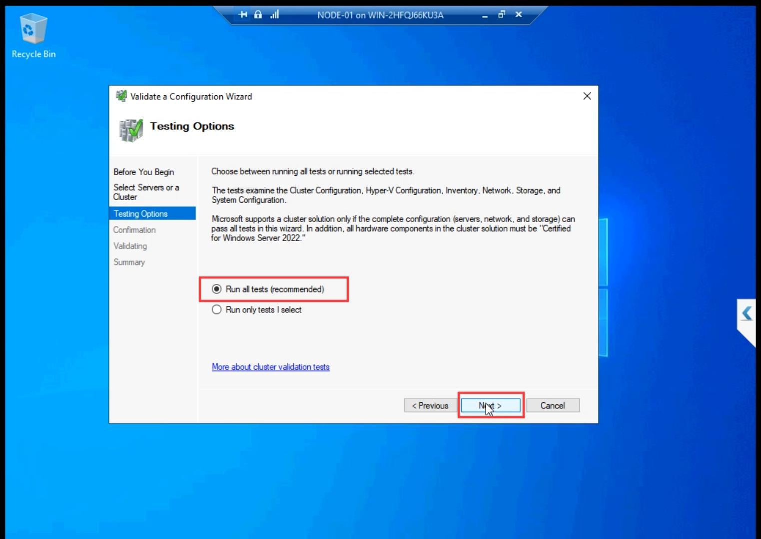 Testing Options step with Run all tests (recommended) selected