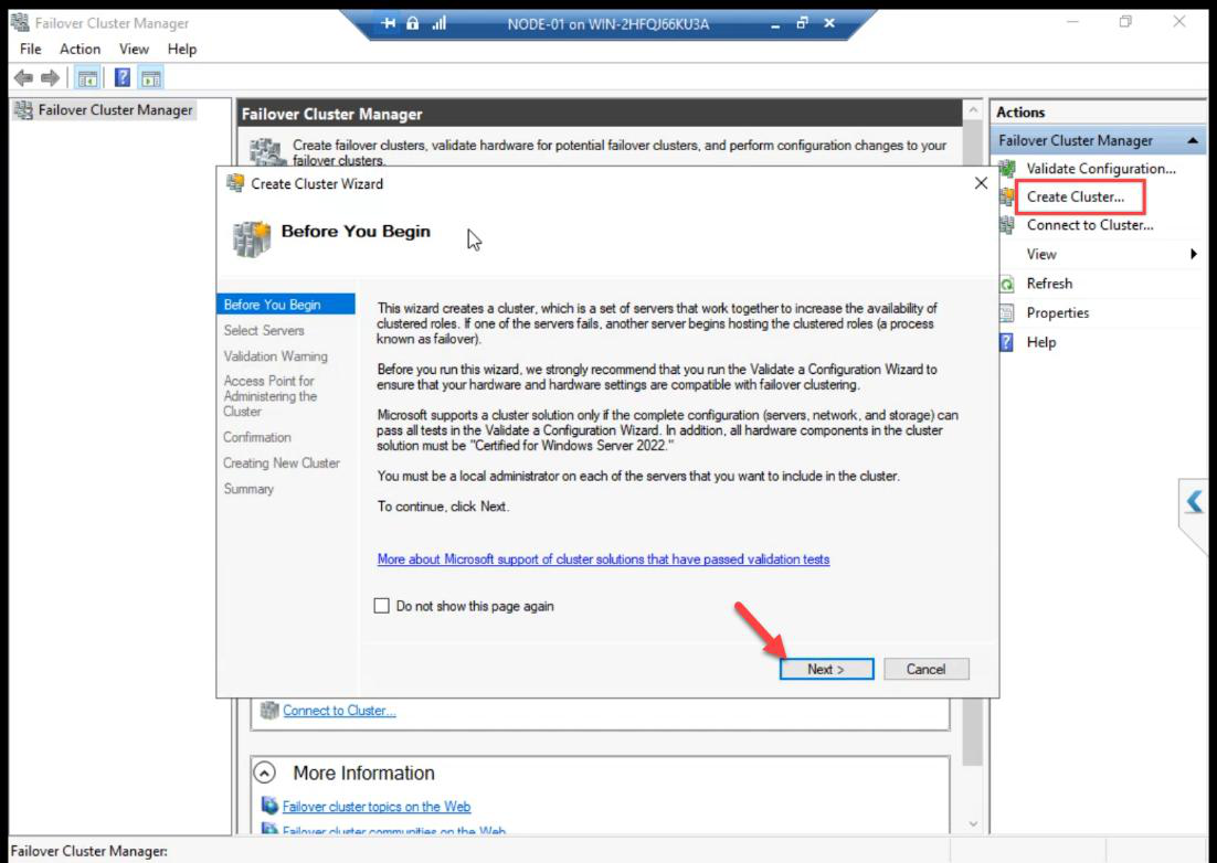 Failover Cluster Manager Action pane on NODE-01 with Create Cluster link being clicked, the entry to the Create Cluster Wizard