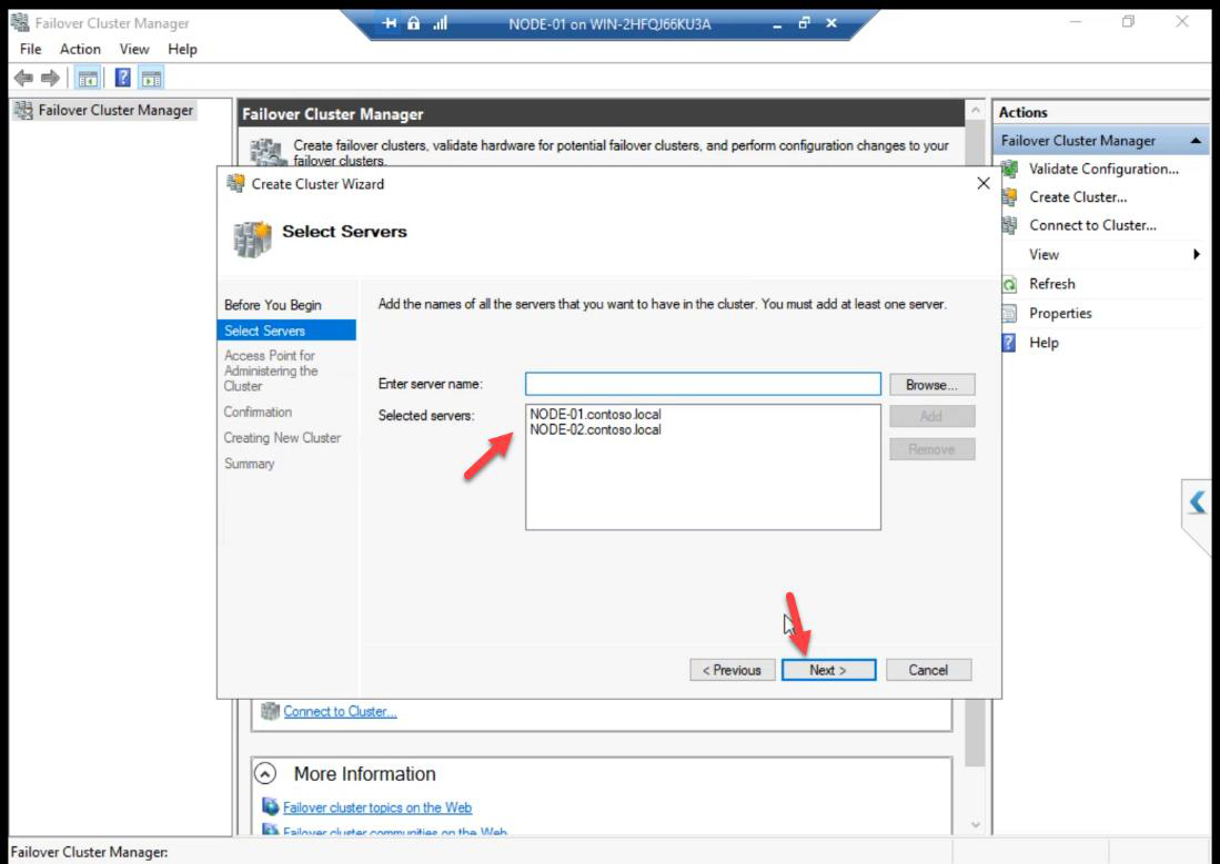 Create Cluster Wizard Select Servers step with NODE-01 and NODE-02 added by name