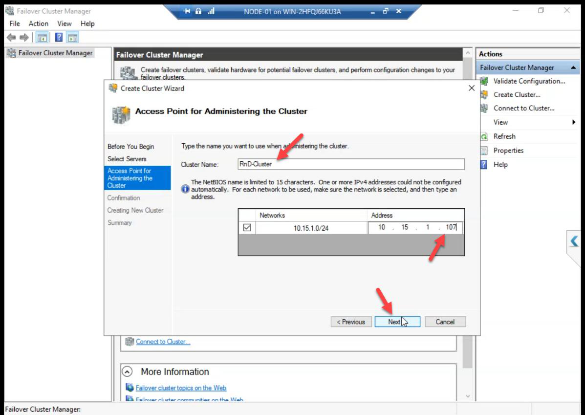 Access Point step with Cluster Name ITN-HVCL-01 entered and a static IP 10.15.1.107 in the same subnet as the DC