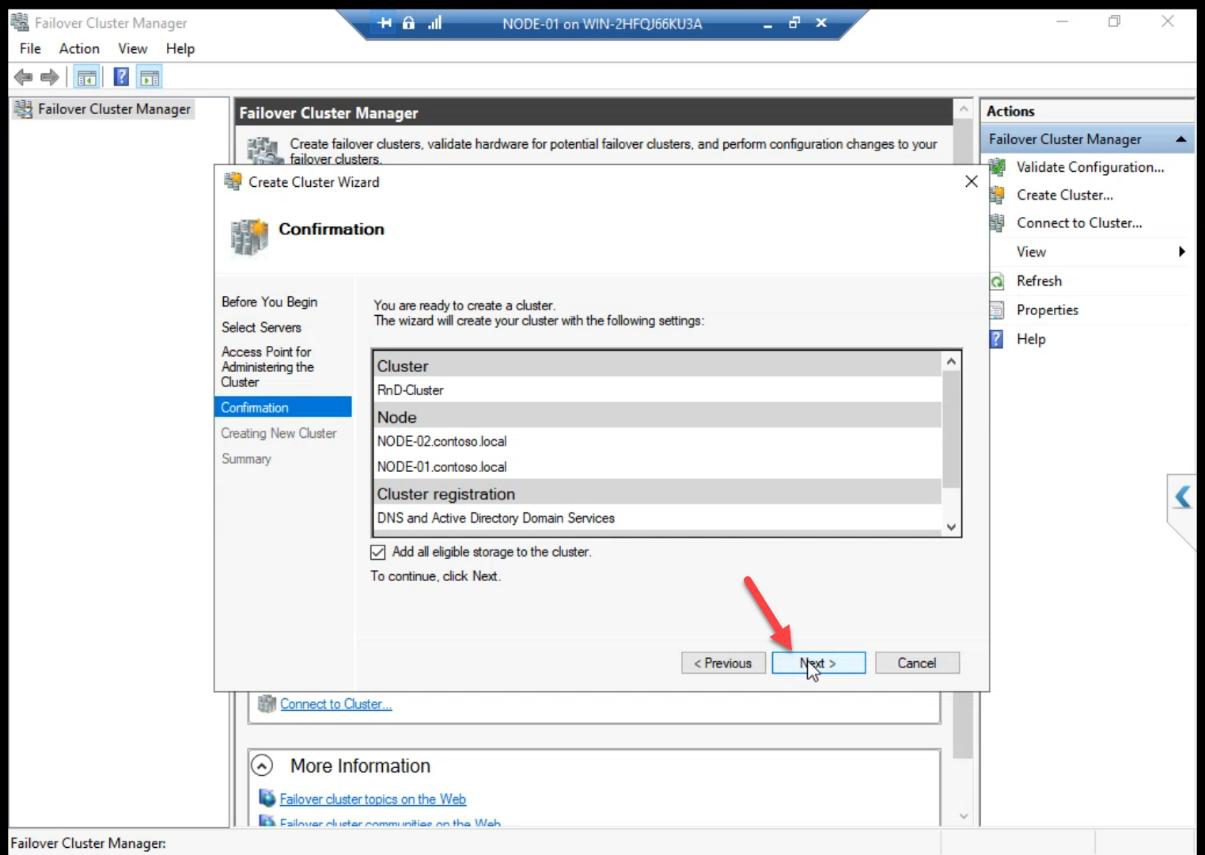 Confirmation step with Add all eligible storage to the cluster ticked, automatically pulling the iSCSI Data and Quorum disks into the cluster