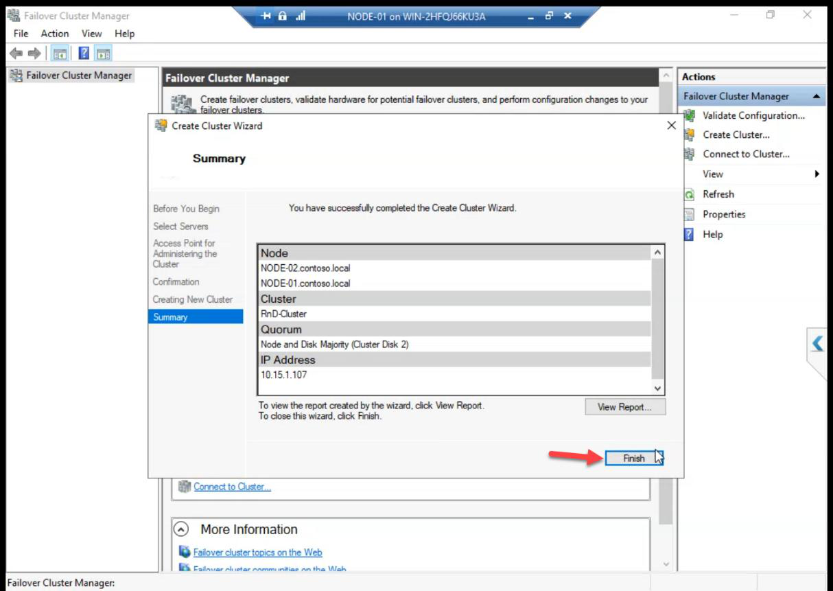 Summary screen after successful cluster creation showing the cluster object created and both nodes joined