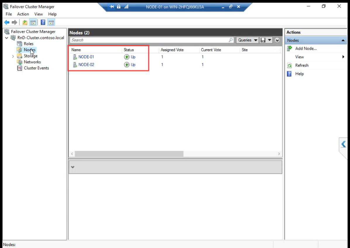 FCM Nodes pane confirming both NODE-01 and NODE-02 are listed with status Up, the cluster is healthy
