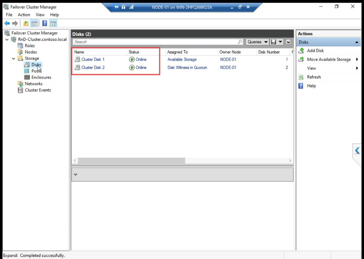 FCM Storage > Disks pane showing both Cluster Disks (300 GB Data and 2 GB Quorum/Witness) added automatically and online” /><figcaption>Storage > Disks: both Cluster Disks online. The wizard auto-picks the smallest (2 GB Quorum) as the Disk Witness.</figcaption></figure>
<p>Storage: both Cluster Disks online. The wizard auto-picks the smallest disk (2 GB Quorum) as the Disk Witness.</p>
<figure class=