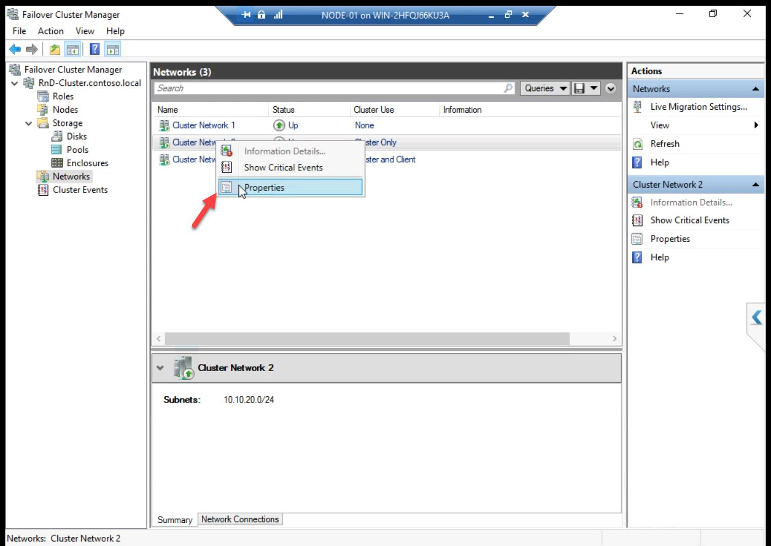 Right-click context menu on Cluster Network 2 with Properties option to review network role and communication settings