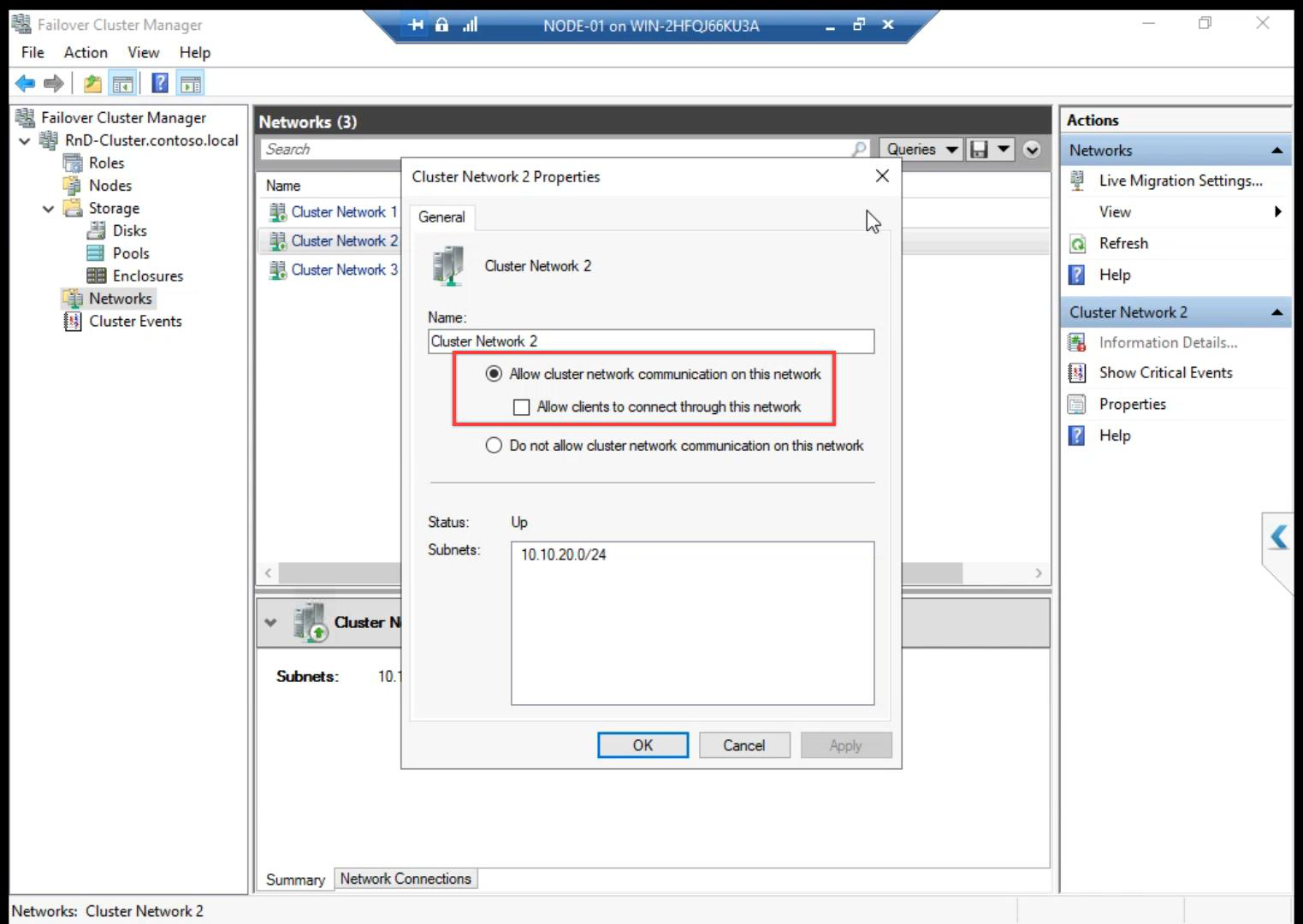 Cluster Network 2 Properties dialog showing the network details, name (auto-assigned), and Cluster Use settings