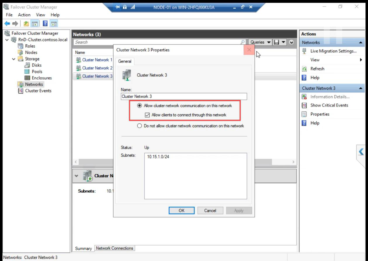 Same properties review for Cluster Network 3 to verify settings