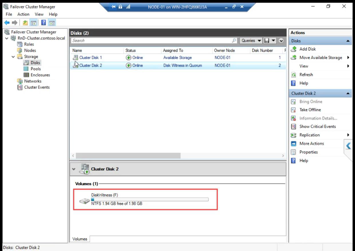 FCM Storage view showing the Cluster Disk Witness assignment with the 2 GB Quorum disk providing tie-breaker logic