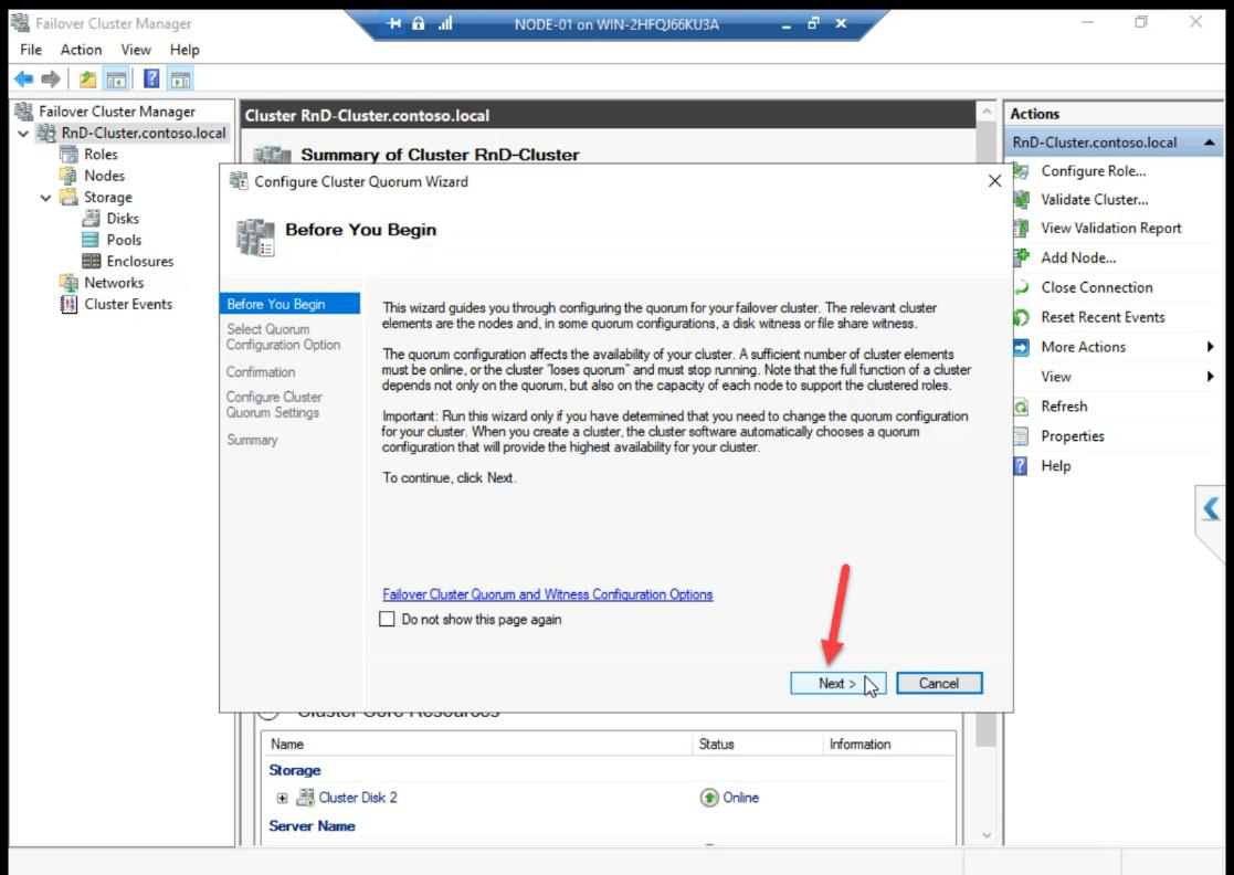 Configure Cluster Quorum Wizard Before You Begin step