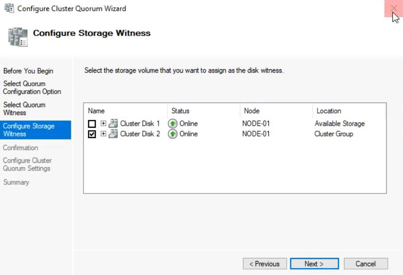 Configure Storage Witness step with available cluster disks listed and the 2 GB Quorum disk being selected