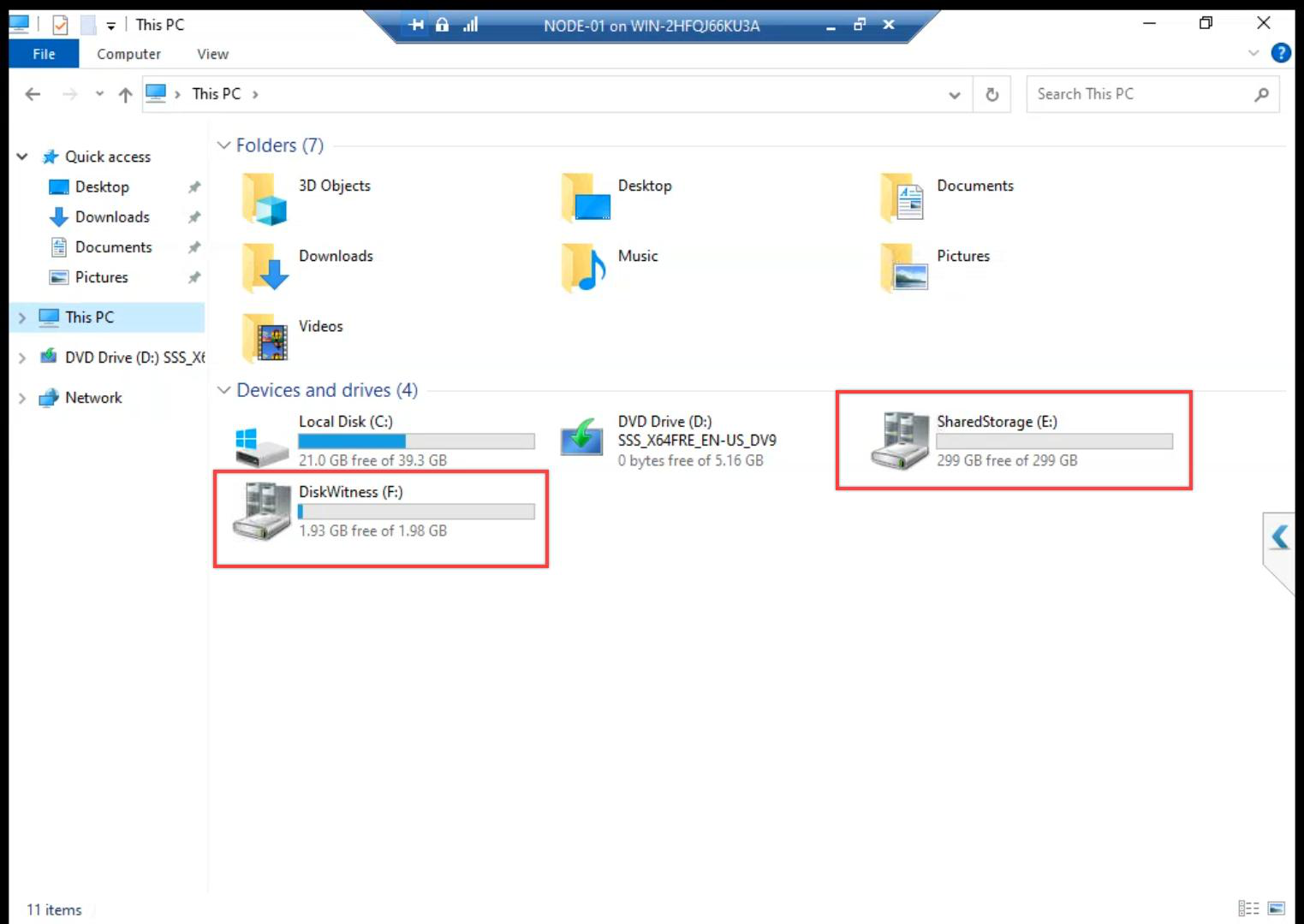 NODE-01 Disk Management showing the witness drive (e.g. F:) with the cluster files visible