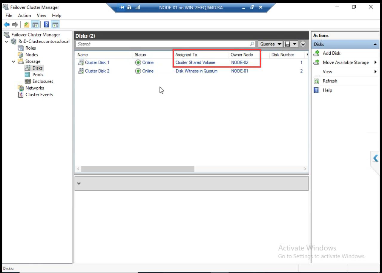 After CSV add showing Disk 1 owner is Node-02 with the new path C:\\ClusterStorage\\Volume1