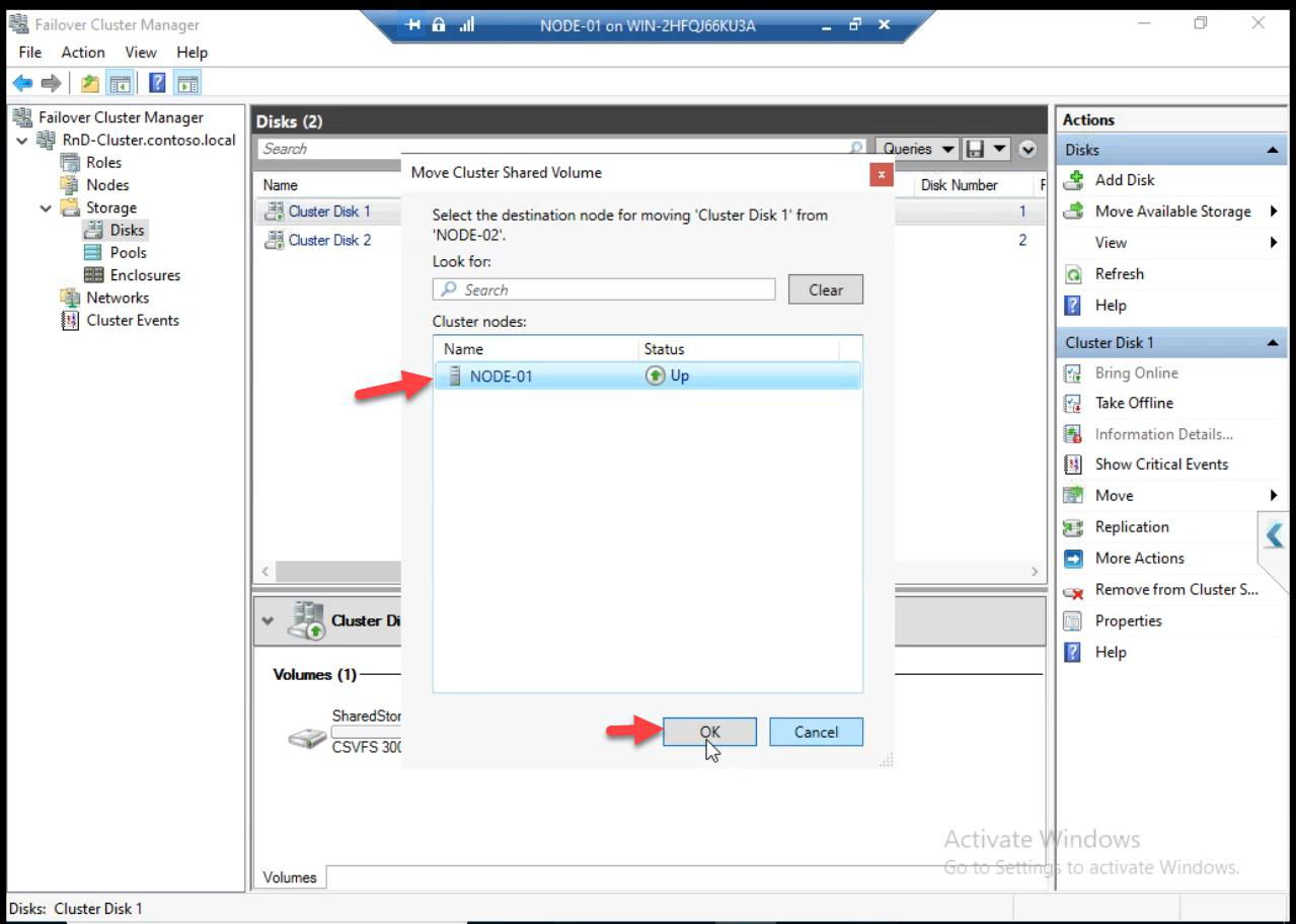 Move Clustered Storage dialog with Node-01 selected as the new owner