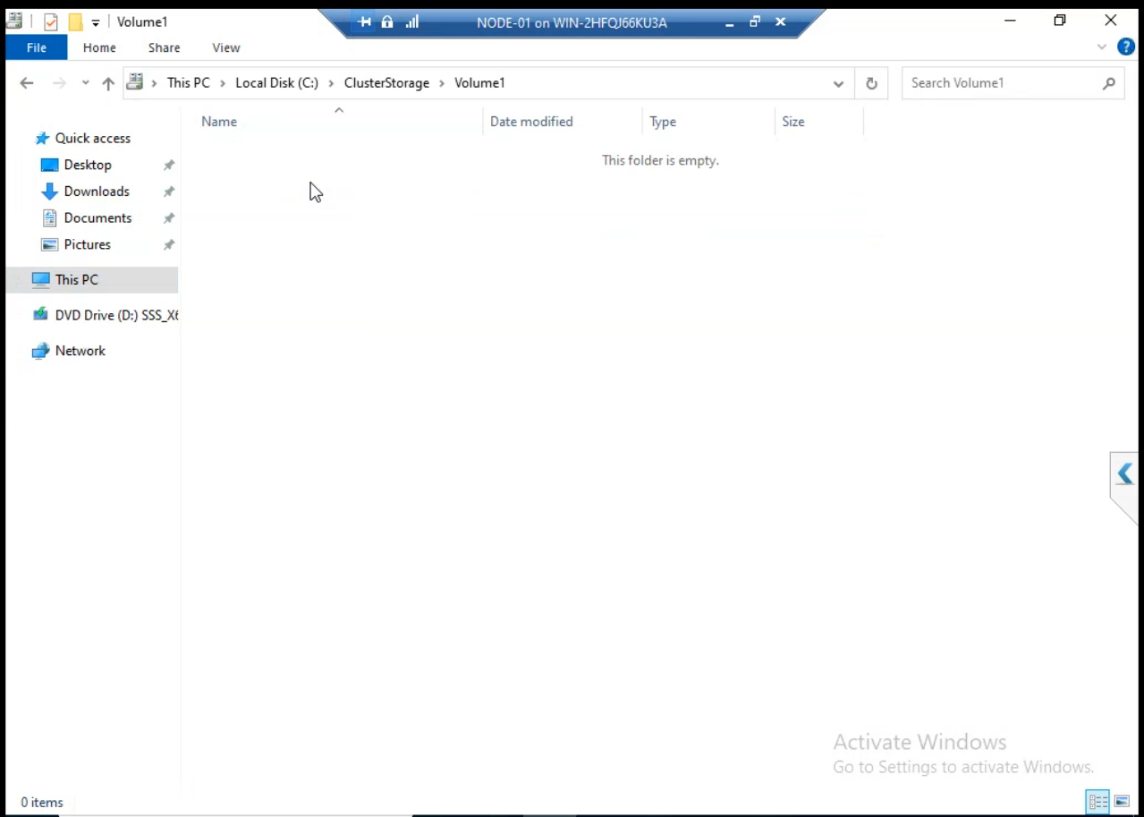 File Explorer navigating to C:\\ClusterStorage\\Volume1 showing the empty folder ready for VM files in Part 13