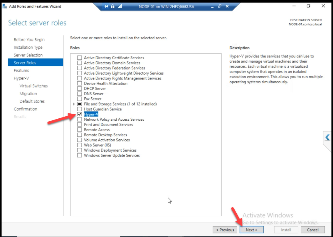 Add Roles and Features Wizard on Node-01 with Hyper-V role being selected